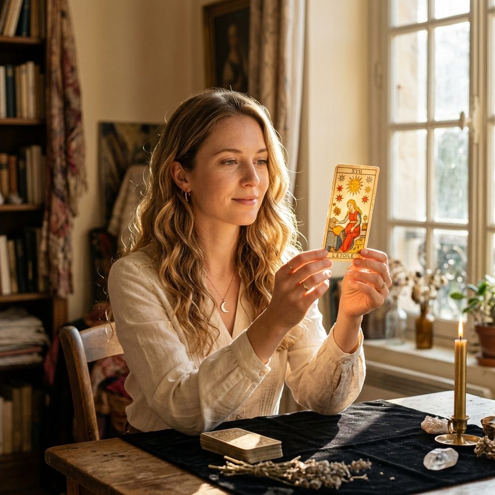 Portrait de Claire, voyante cartomancienne, lisant une carte du tarot de Marseille