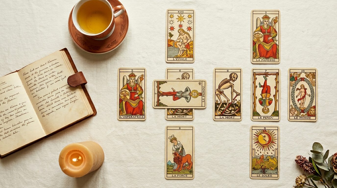Tirage complet de tarot de Marseille avec journal manuscrit, tisane et bougie