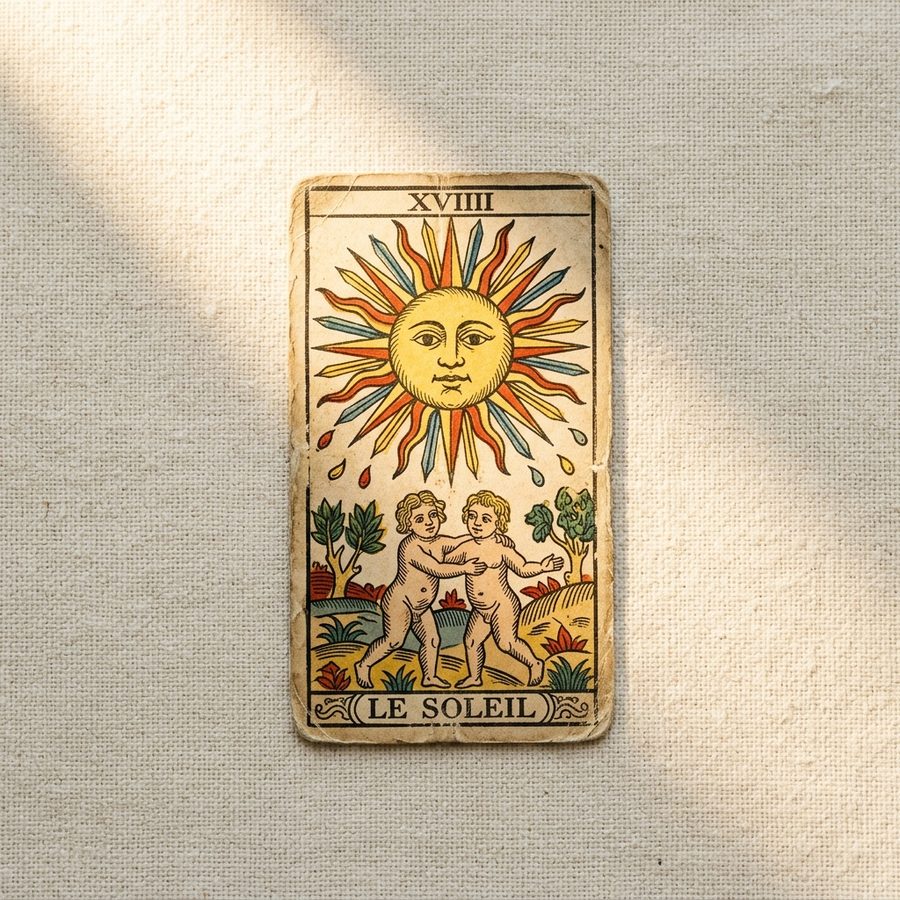 Carte Le Soleil du tarot de Marseille en gros plan, baignée de lumière dorée