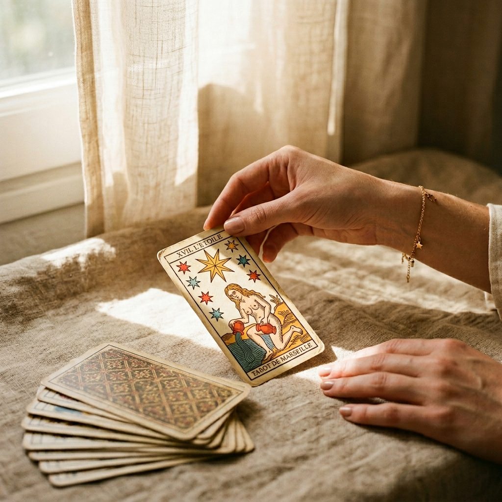 Claire révèle une carte du tarot de Marseille à la lumière dorée