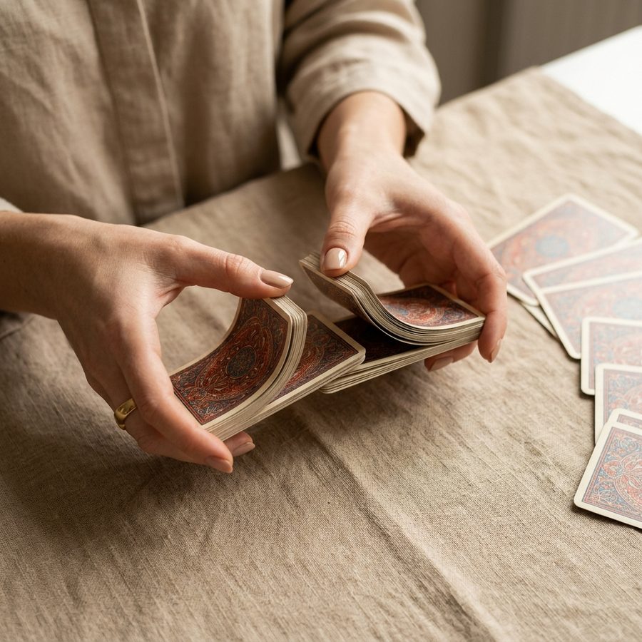 Mains de Claire mélangeant un jeu de tarot de Marseille en gros plan