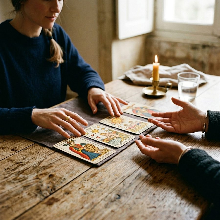 Consultation de tarot de Marseille avec deux mains se faisant face