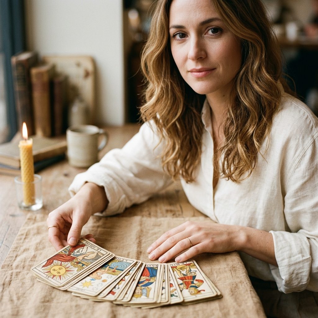 Claire, médium et cartomancienne, présentant un tirage de tarot de Marseille