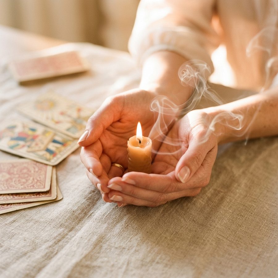 Mains de Claire tenant une bougie avec fumée d'encens au-dessus d'un tarot de Marseille