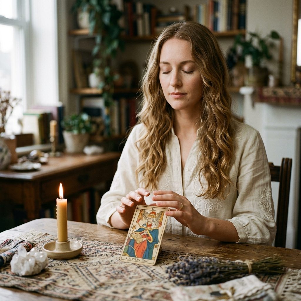 Claire en concentration médiumnique avec La Papesse du tarot de Marseille
