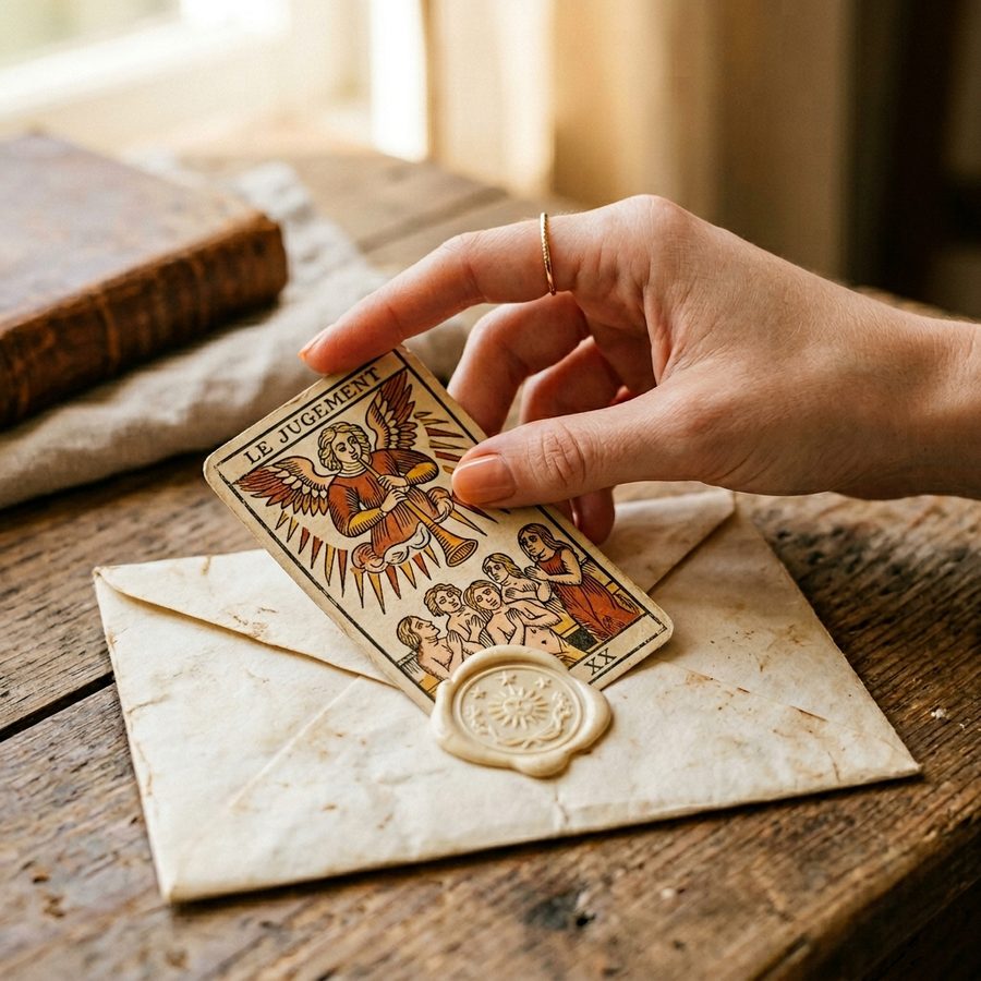 Carte du tarot de Marseille posée sur enveloppe scellée à la cire