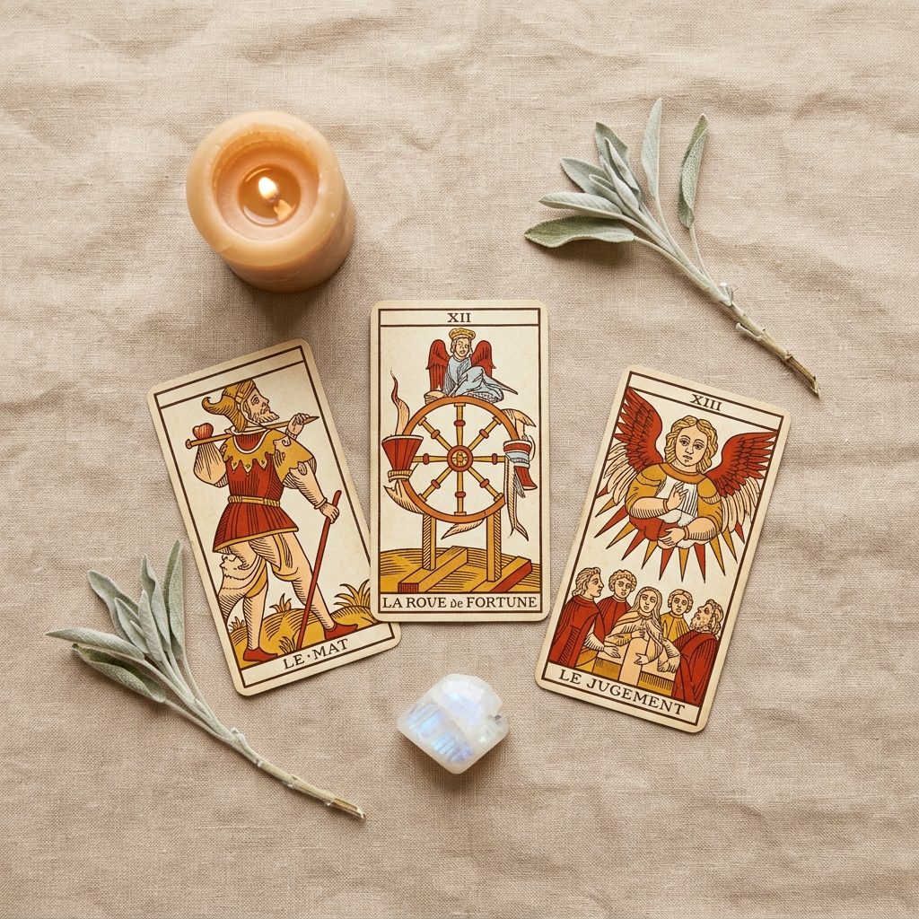Setup de séance médiumnique : trois cartes du tarot de Marseille, bougie, sauge et pierre de lune