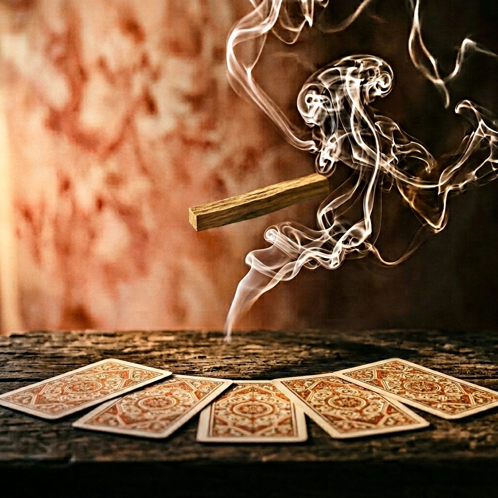 Palo santo brûlant avec volutes de fumée au-dessus de cartes du tarot face cachée