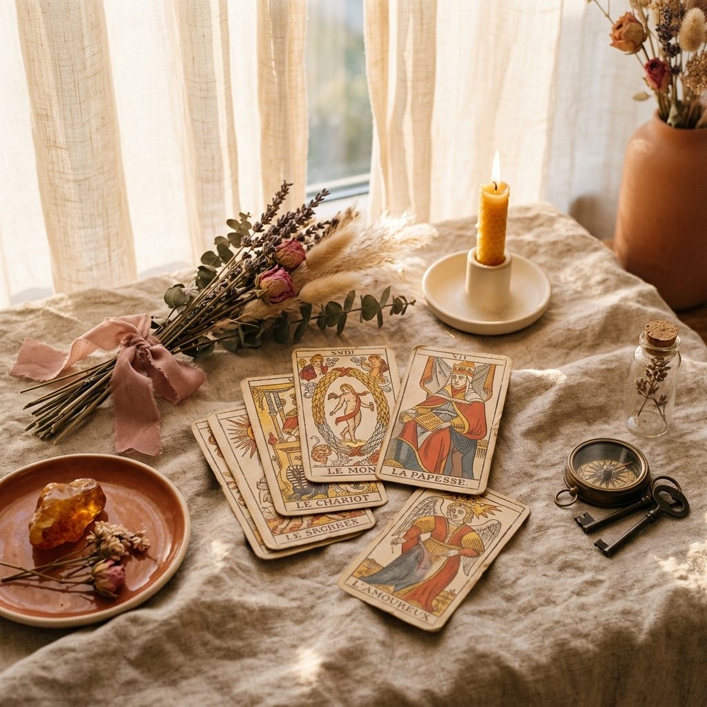 Tirage de tarot de Marseille premium avec fleurs séchées, bougie et compas