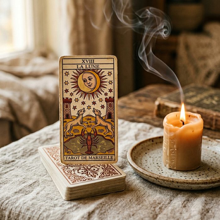 Carte La Lune du tarot de Marseille avec bougie en cire d'abeille