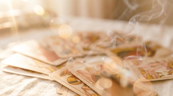 Cartes du tarot de Marseille avec fumée d'encens dorée