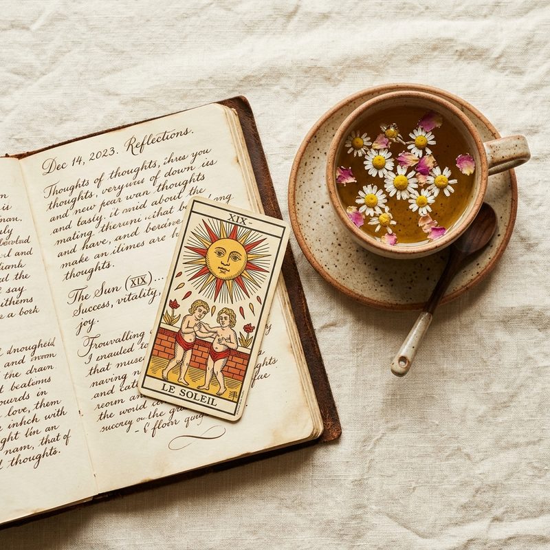 Journal manuscrit avec carte Le Soleil et tisane aux fleurs