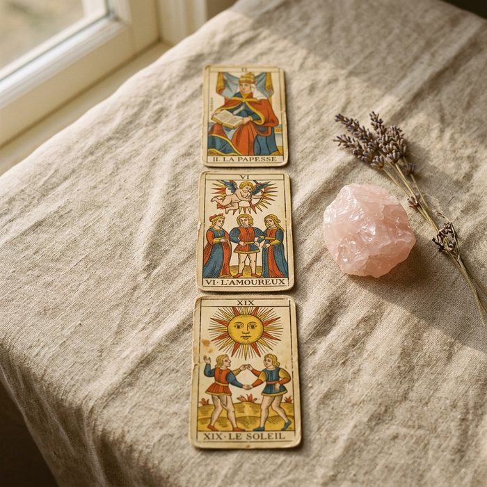 Trois cartes du tarot de Marseille : La Papesse, L'Amoureux, Le Soleil avec quartz rose