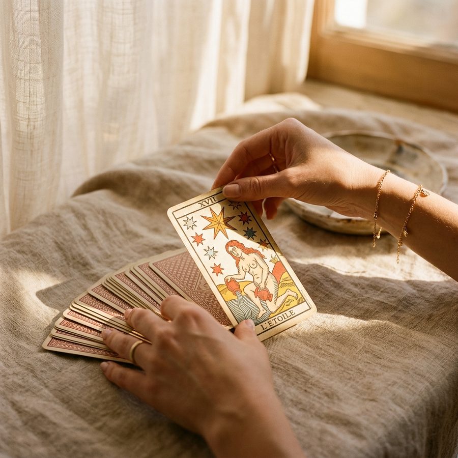 Main révélant une carte du tarot de Marseille à la lumière dorée