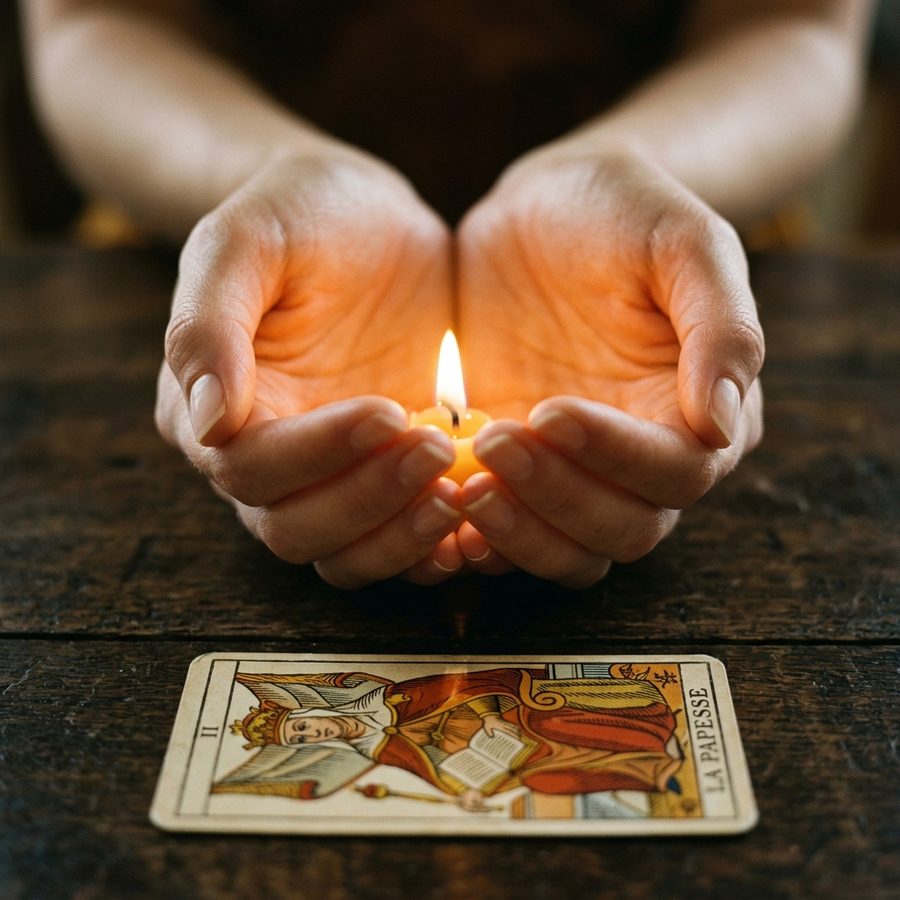 Mains tenant délicatement une bougie allumée au-dessus d'un tarot de Marseille
