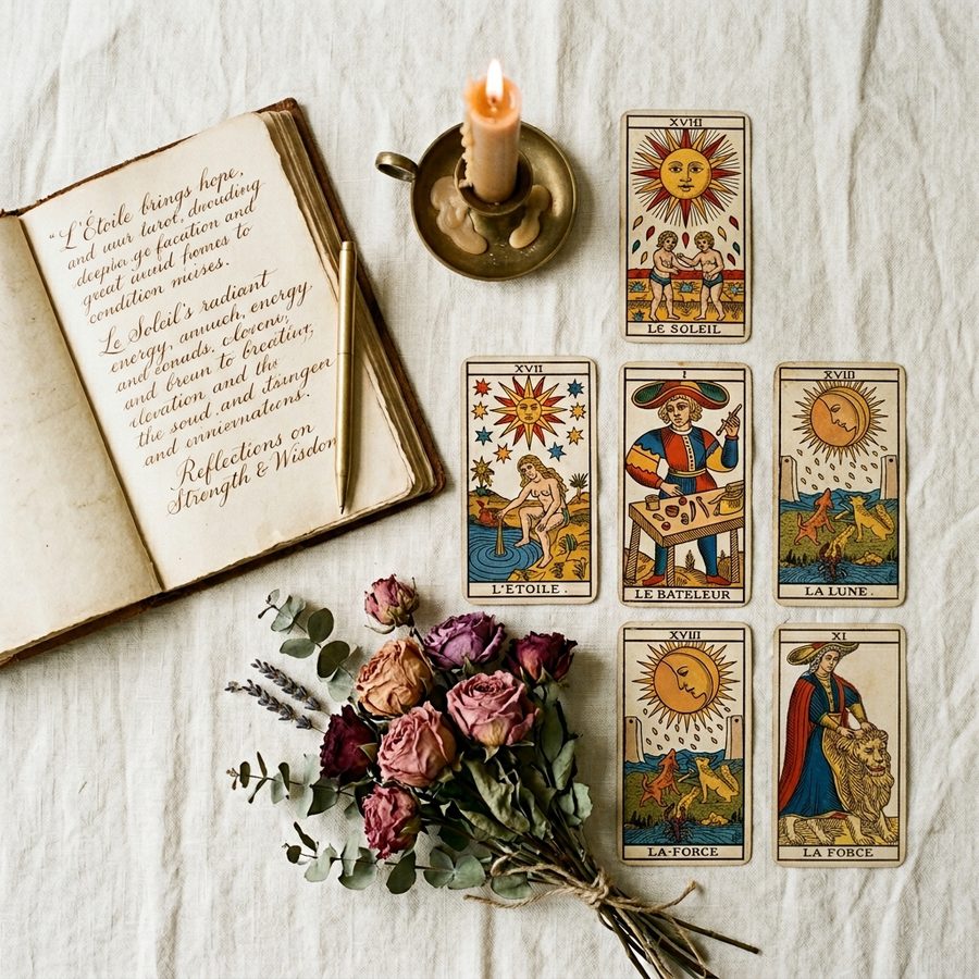 Tirage complet de tarot de Marseille avec journal manuscrit et bougie sur lin